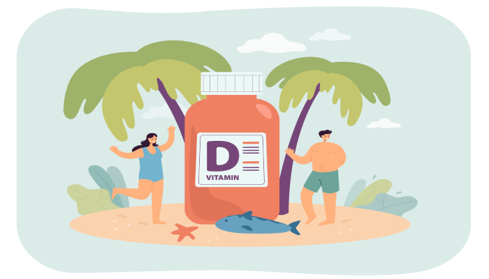 Fotografía para artículo de blog topfarma sobre la vitamina D. Vemos un diseño vectorial de una pareja en una isla con dos palmeras y un bote gigante de vitamina D.